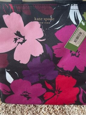 kate spade Black Floral Nylon lunch Tote with Pink, Purple & Red Blooms